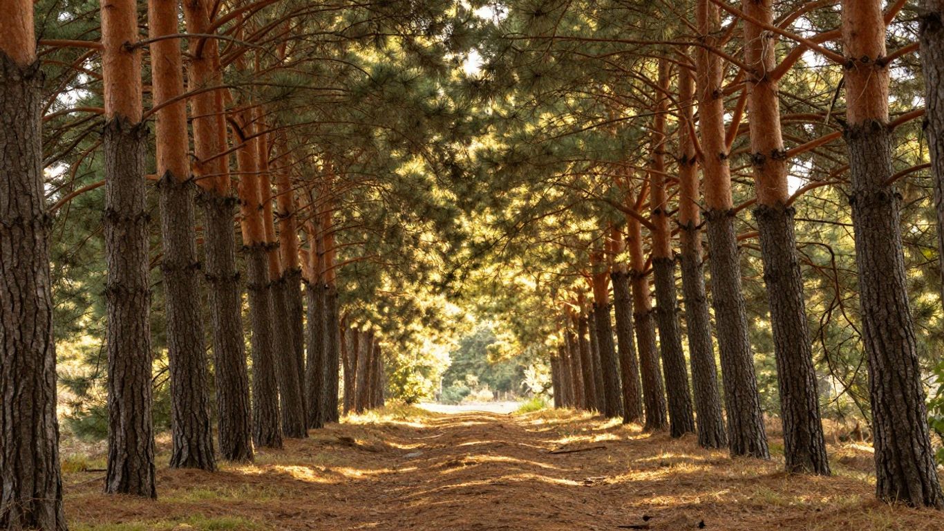 A serene forest path with golden sunlight filtering through