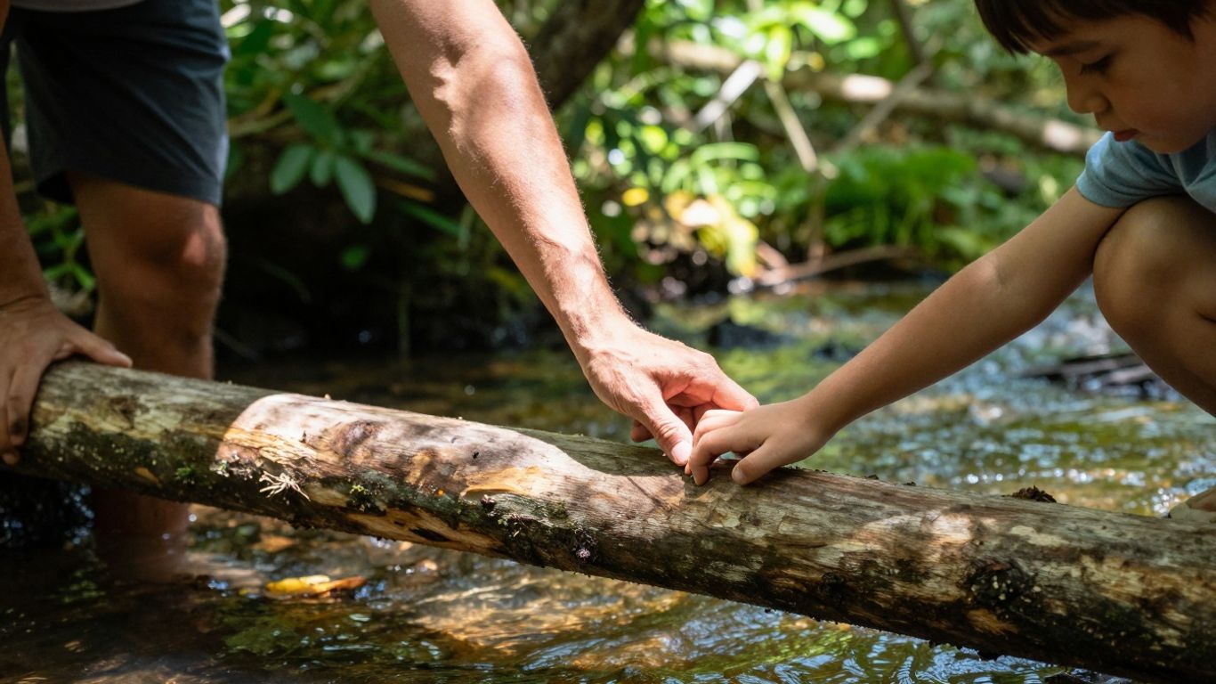 Parent and child balancing on a log bridge.