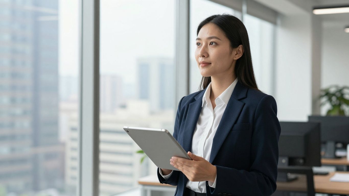 Real estate broker in office with city view.