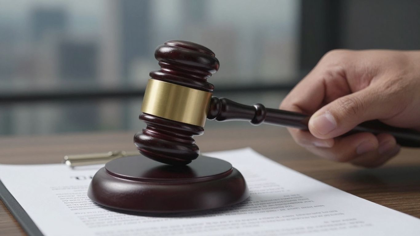 Hand with gavel over legal documents