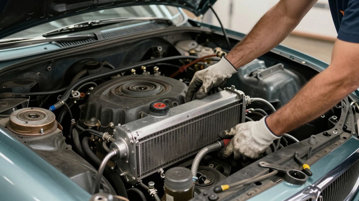 Mechanic removing radiator from classic MG
