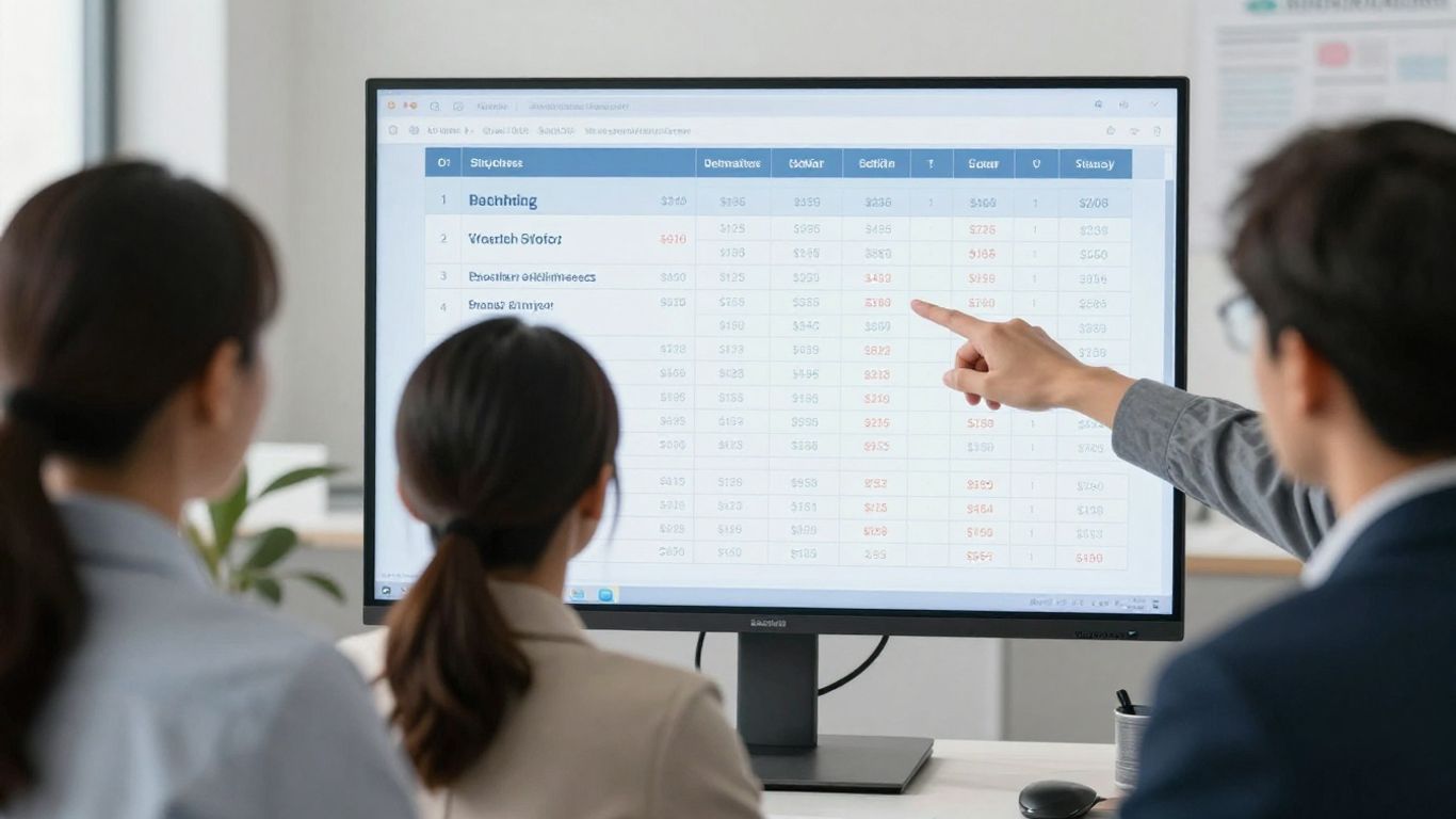 Empresários discutindo informações salariais em tela transparente.