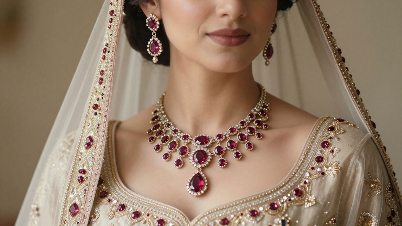 Bride wearing ruby jewellery with embroidered wedding attire