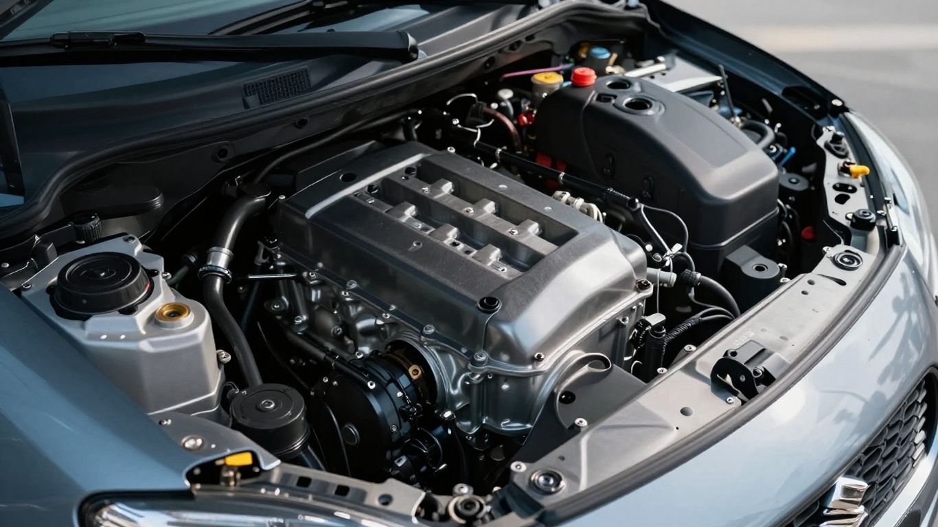 Suzuki Swift engine bay with detailed components.