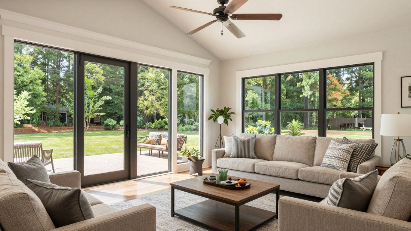 Modern room addition with large windows and comfortable seating.