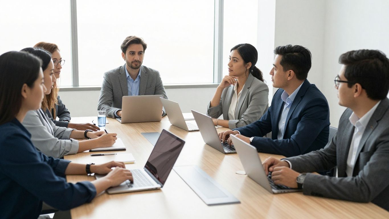 Colleagues discussing workplace norms around table