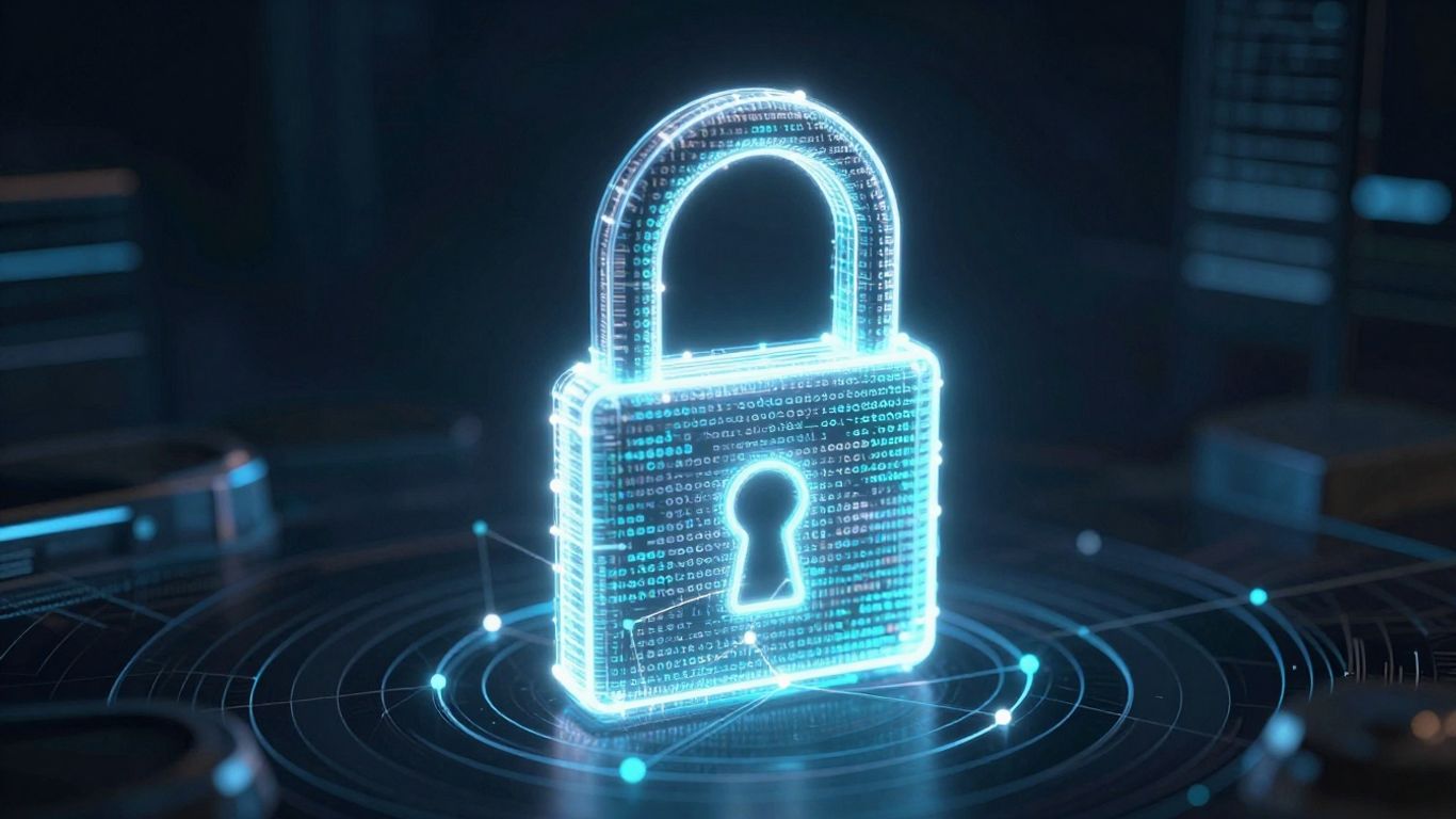 Digital smart contract with glowing code and interconnected nodes.