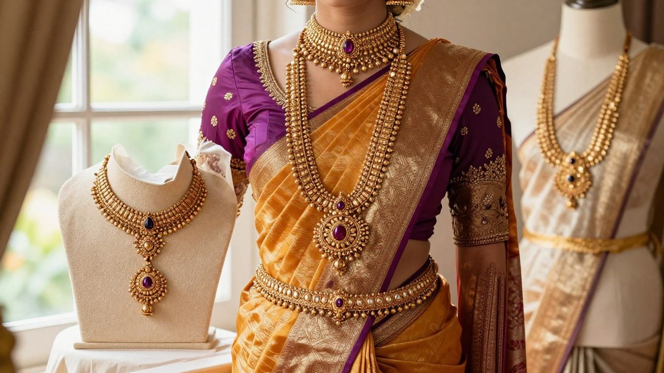 Bridal necklace styled with silk saree