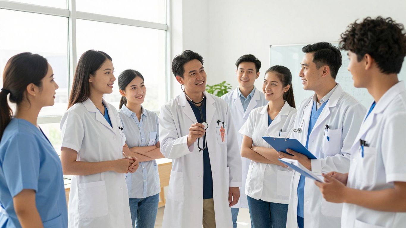 Students in medical attire in a bright classroom.