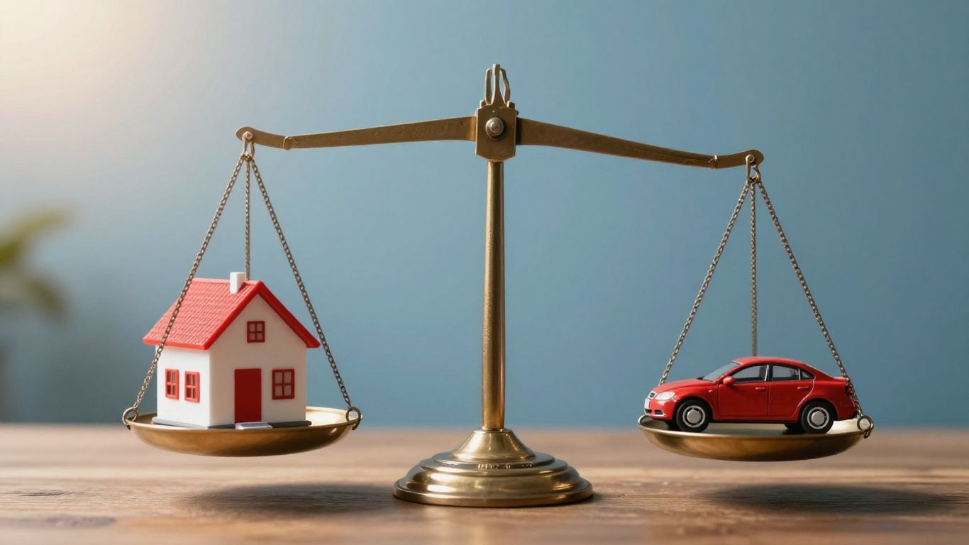 Balanza con documentos de seguro y bienes.