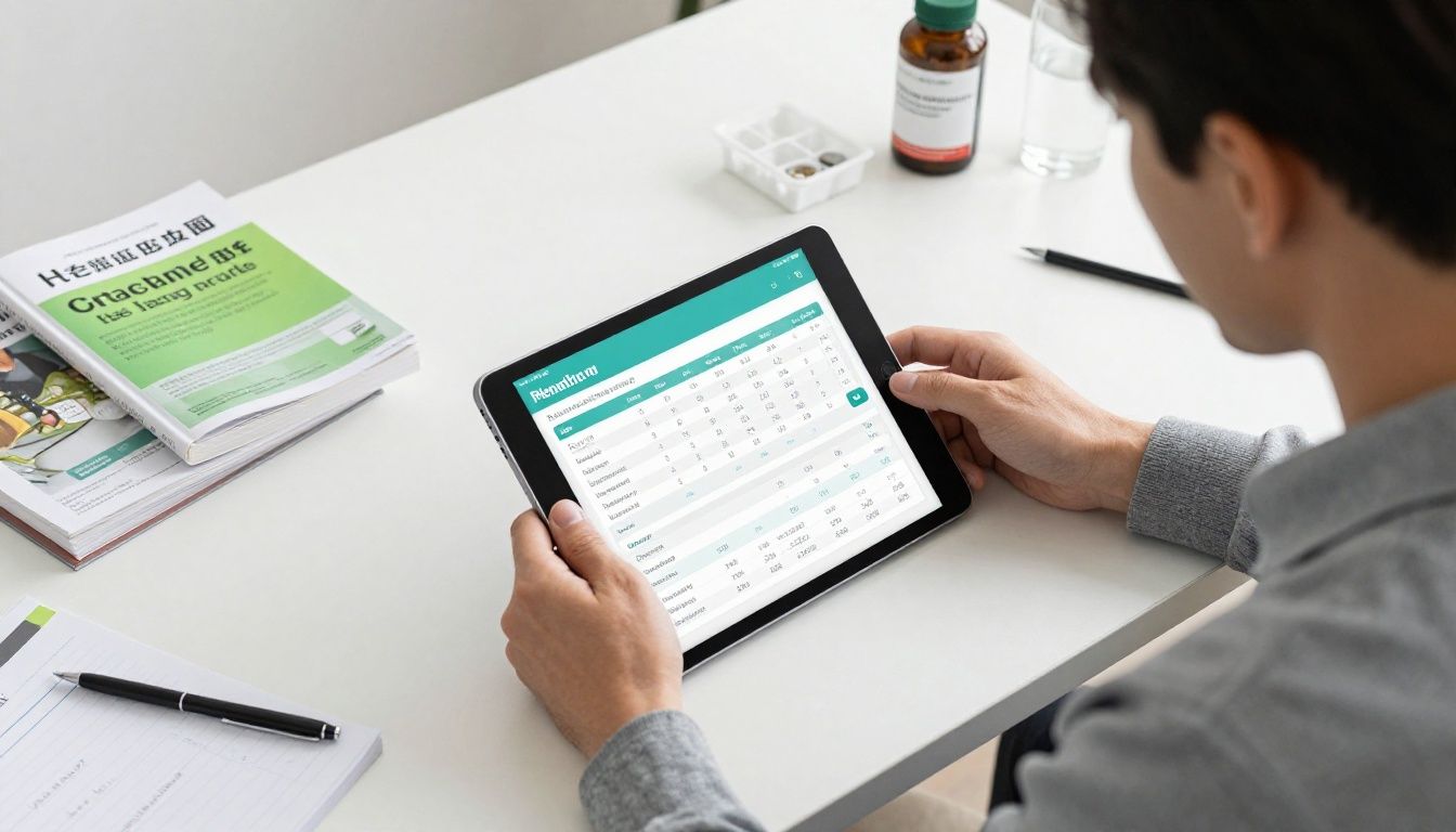 A clean, modern desk setup showing a man reviewing health data on a tablet, surrounded by organized medical journals, fitness gear, and a supplement organizer, representing structured wellness and health protocol tracking.