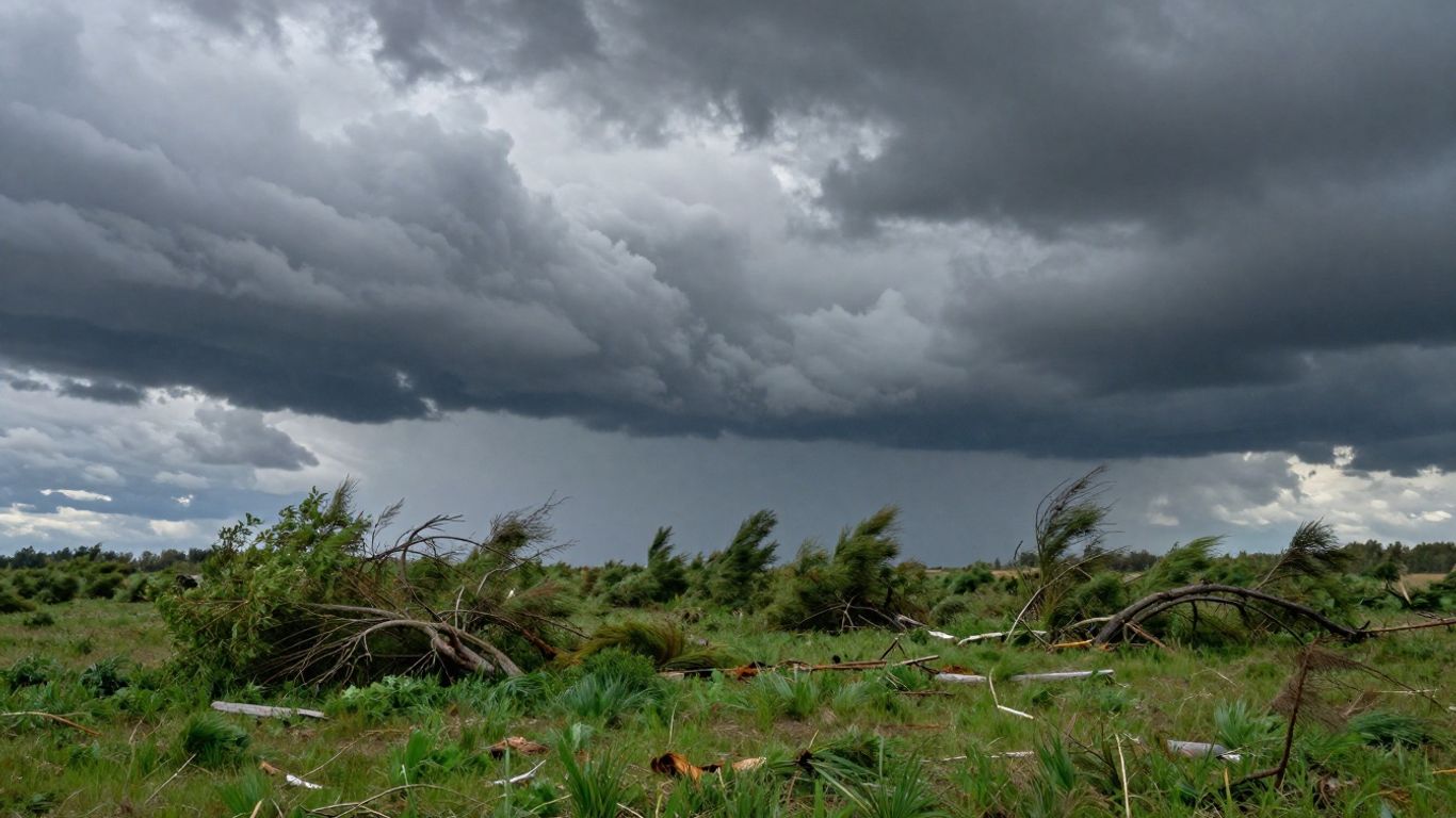 Stürmischer Himmel über einer Frühlingslandschaft mit Anzeichen von Extremwetter.
