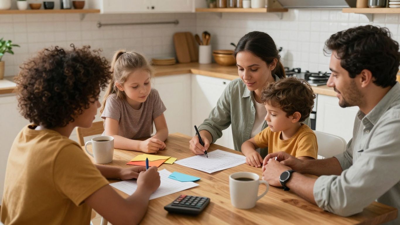 Familia planificando metas financieras en casa