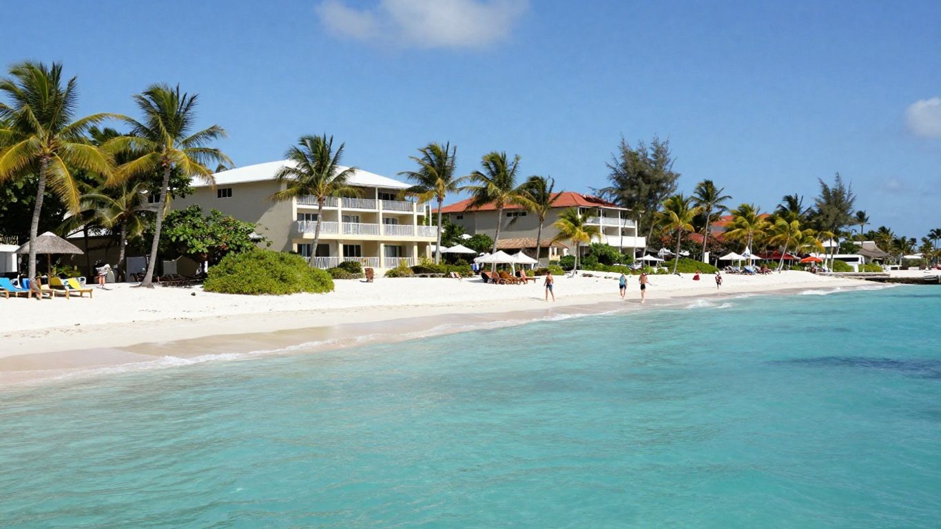 Turquoise Caribbean water beside a resort