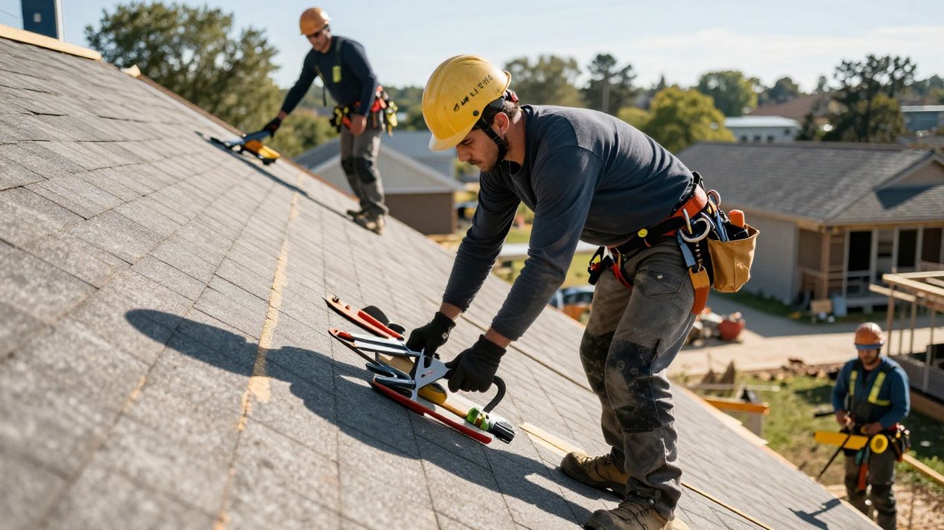 Roofer on a construction site with tools.