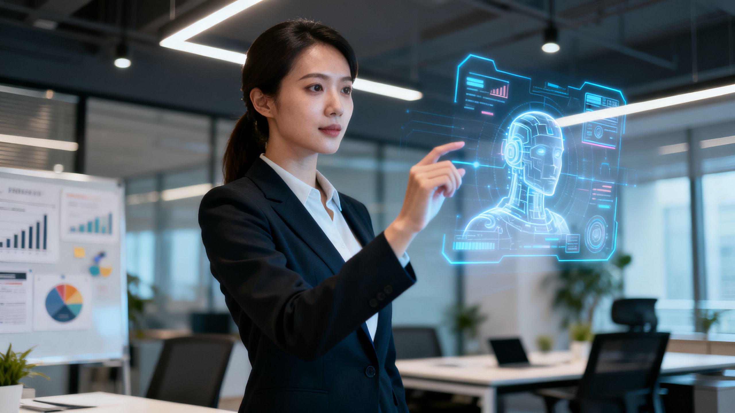 Woman strategizing with AI for business income streams.
