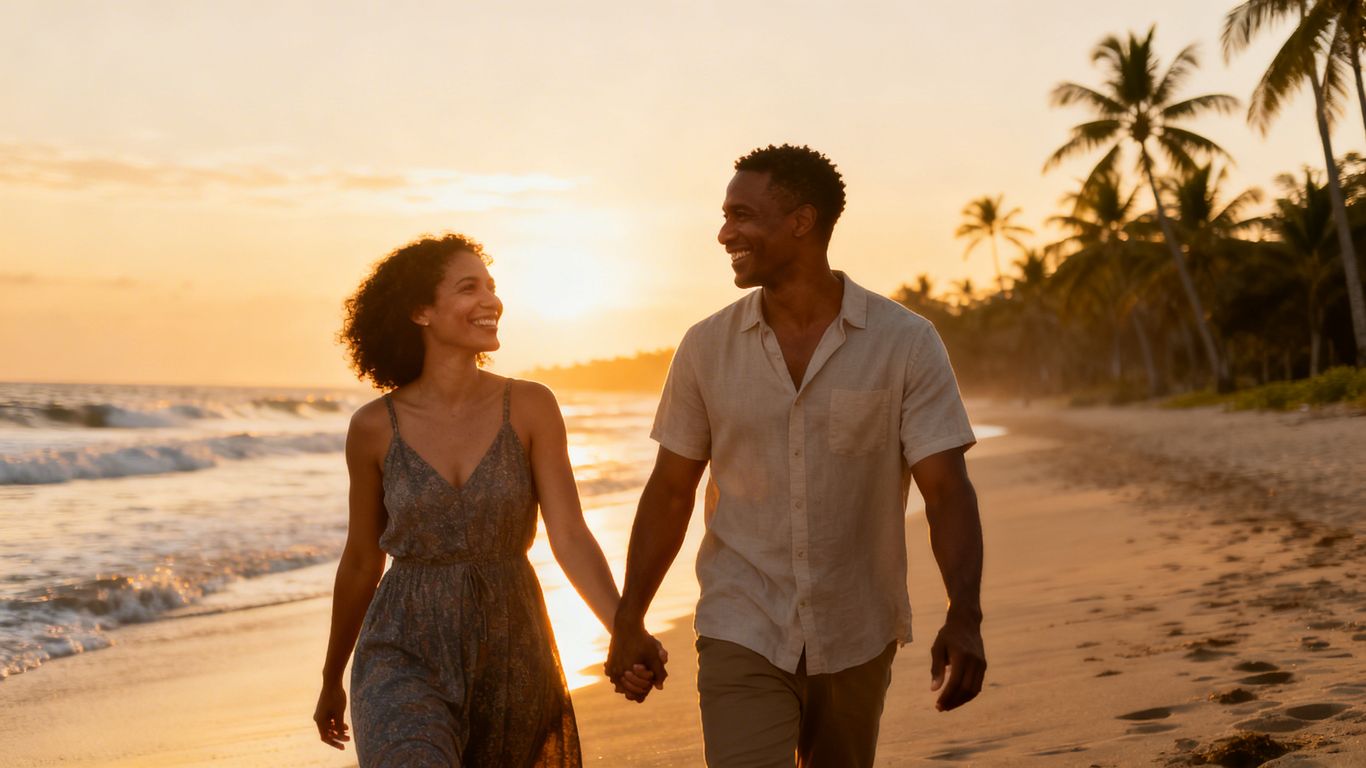 Couple holding hands on a beach at sunset.
