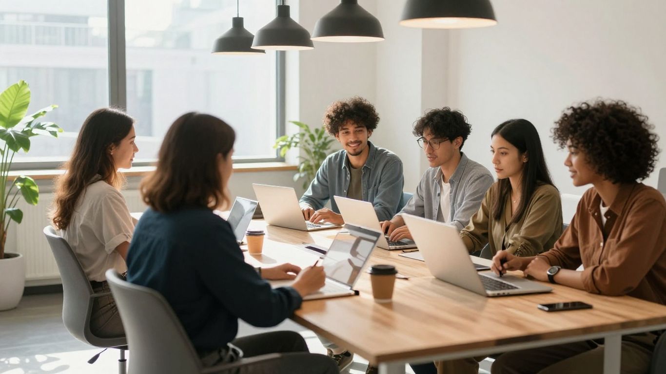 Team collaborating in a bright, modern office space.