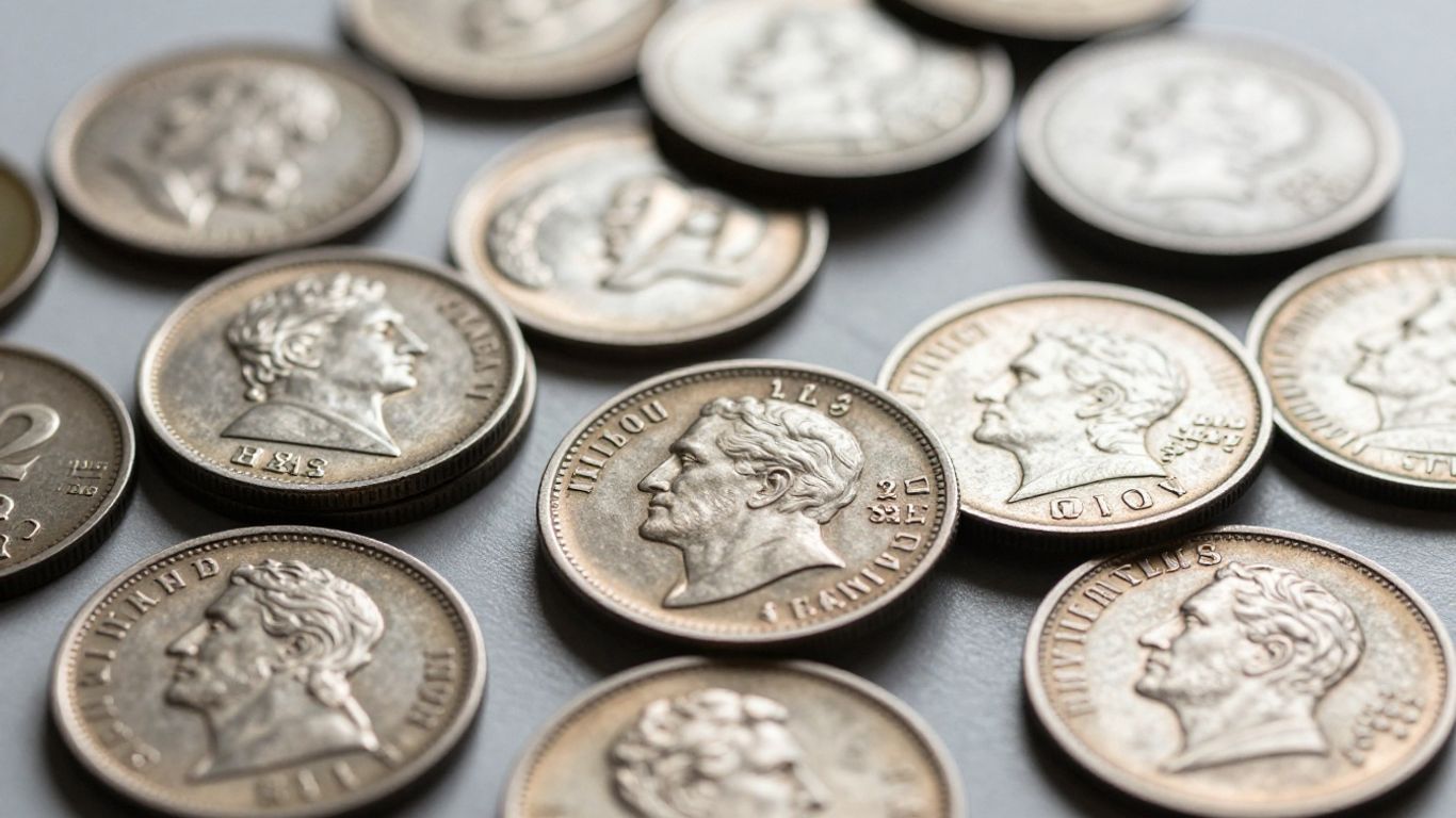 Collection of vintage twenty-cent coin pieces.