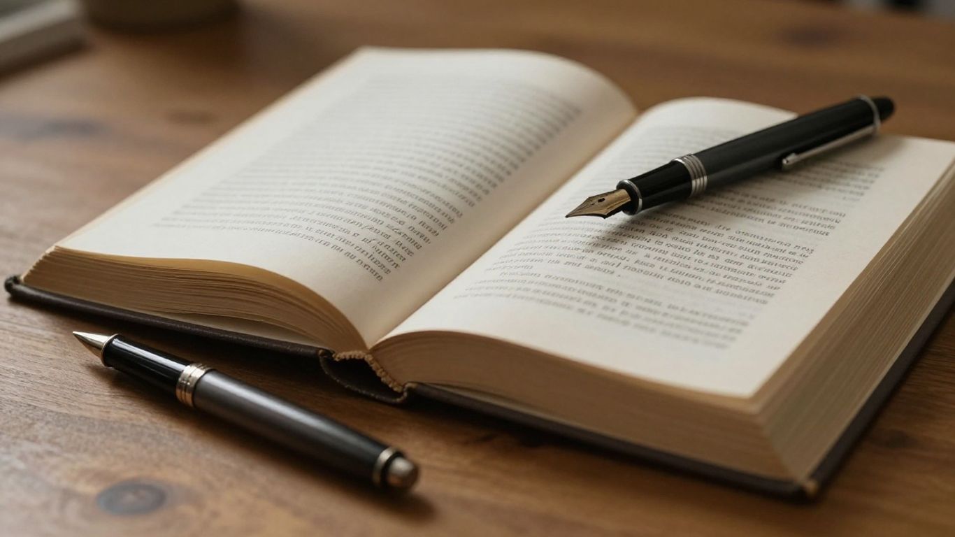 Open book with a fountain pen on a wooden table.