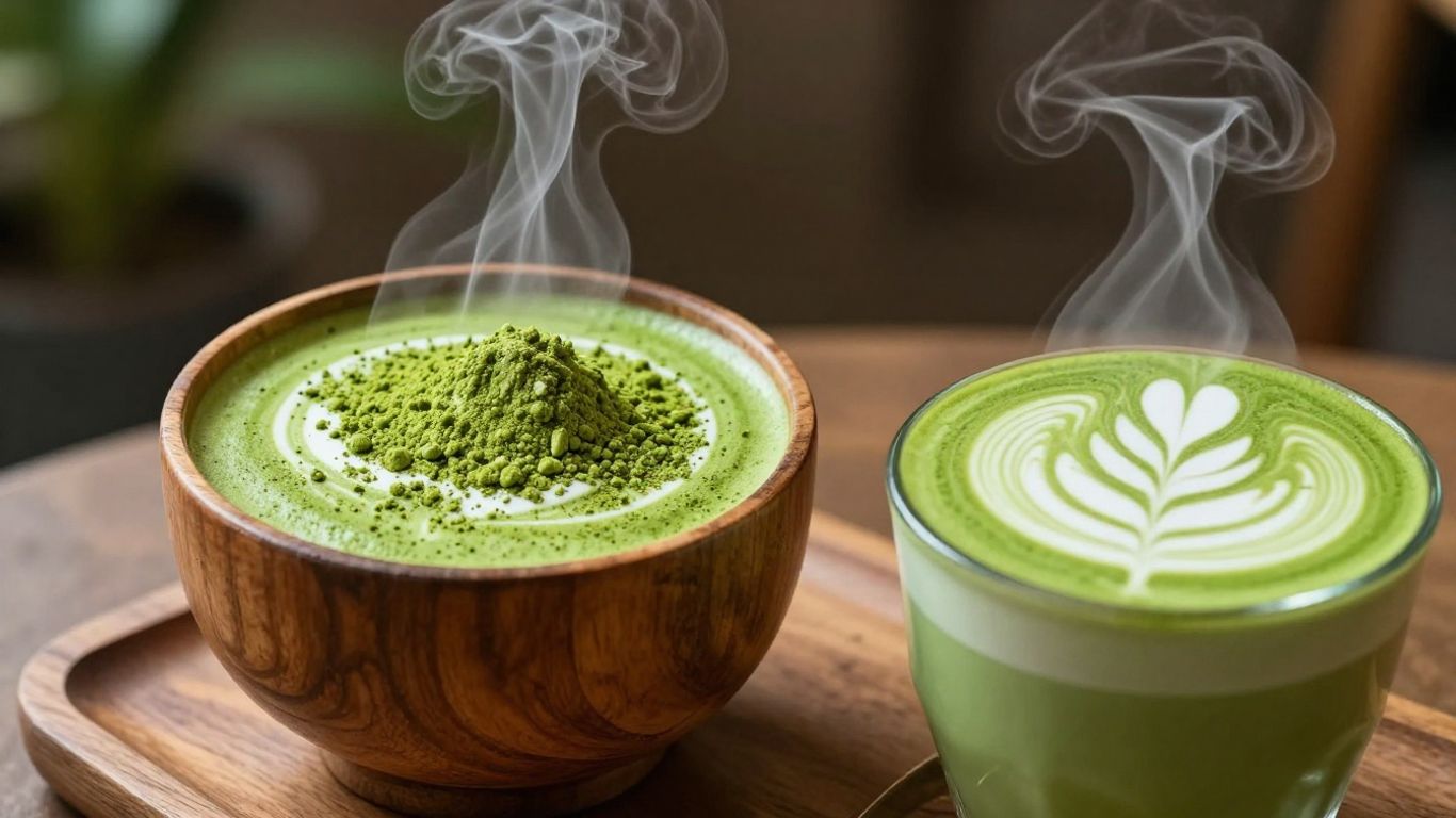 Green matcha powder and a latte with art.