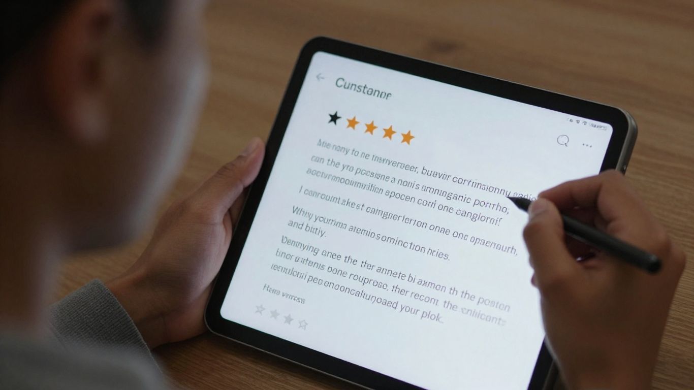 Business owner responding to negative customer feedback on a tablet.