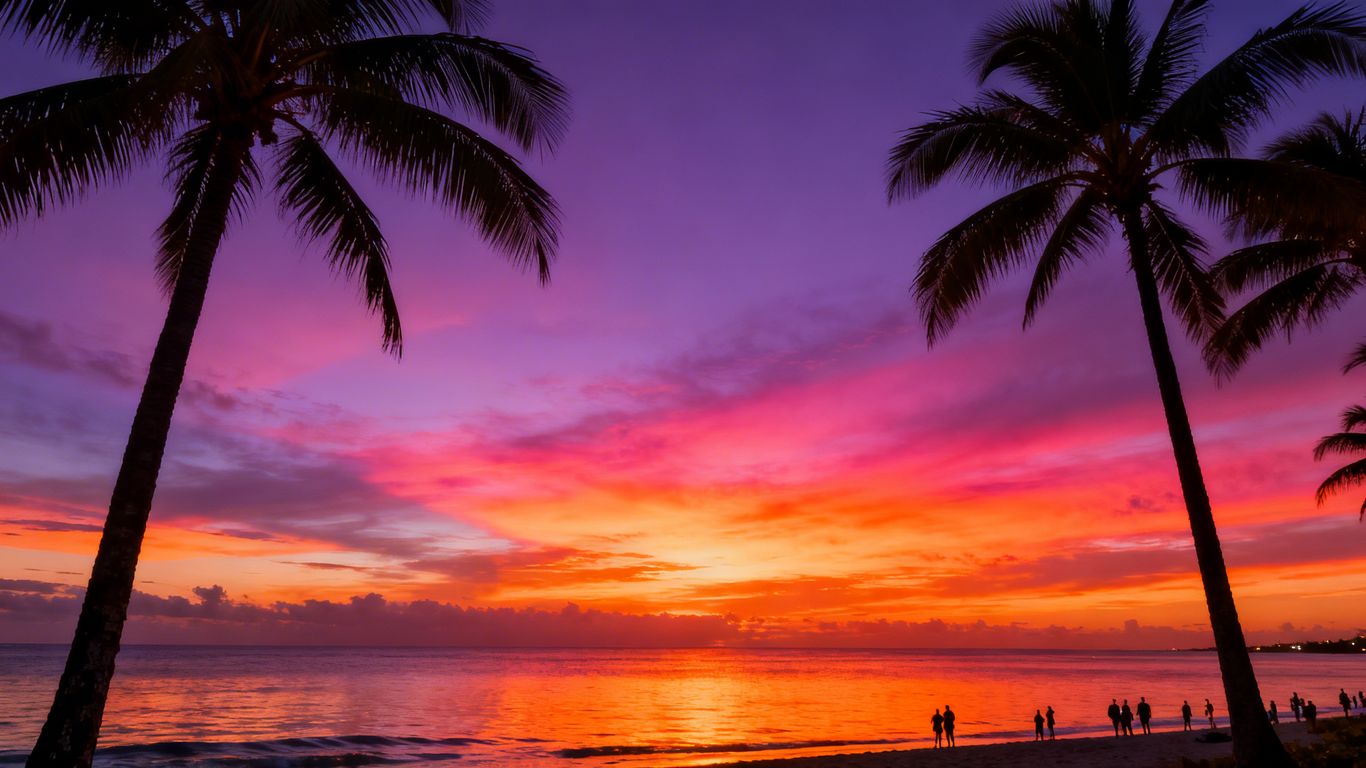 Sunset over Cabo beach with palm trees.