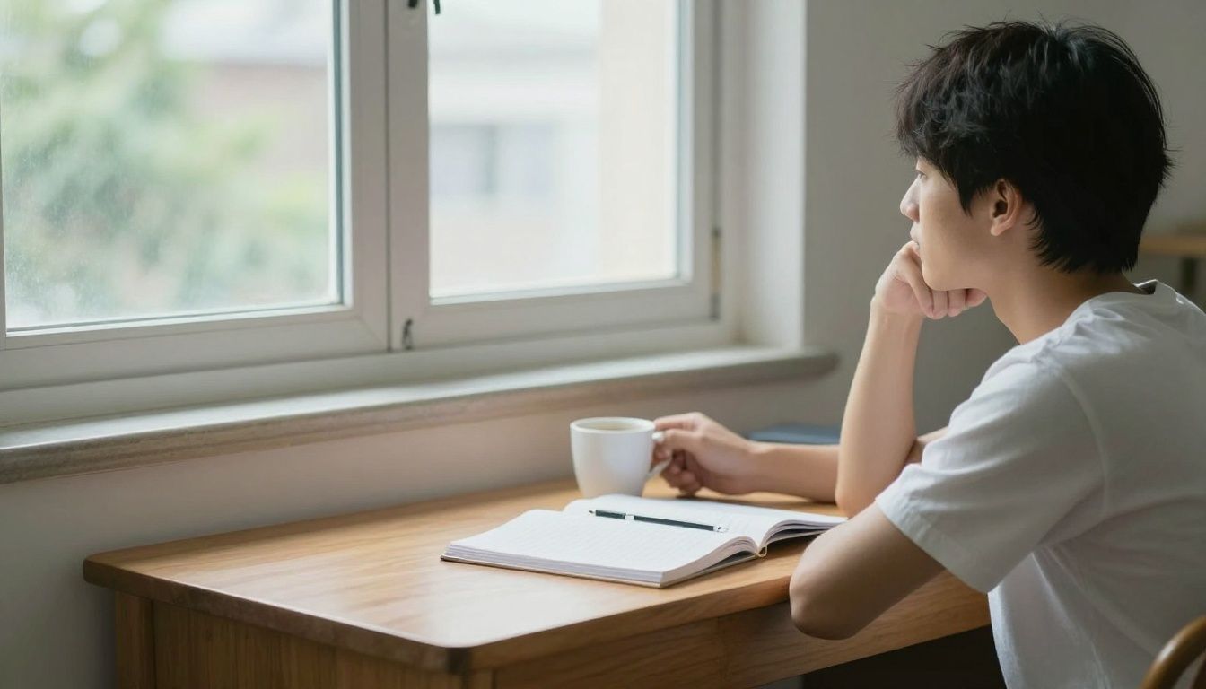 A person sits at a simple wooden desk in a quiet, sunlit room, looking thoughtfully out the window with a cup of coffee nearby, suggesting a moment of peaceful reflection amidst work.