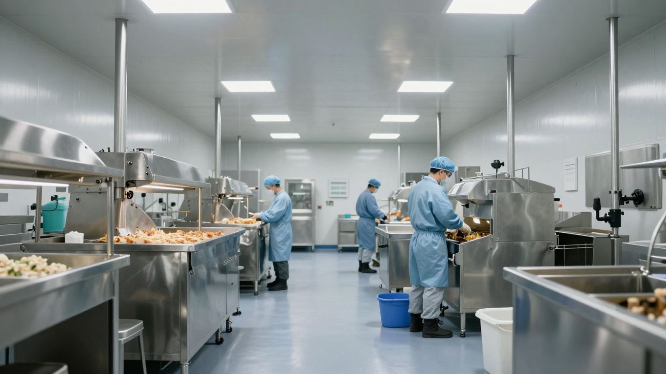 Clean food processing facility interior with workers.