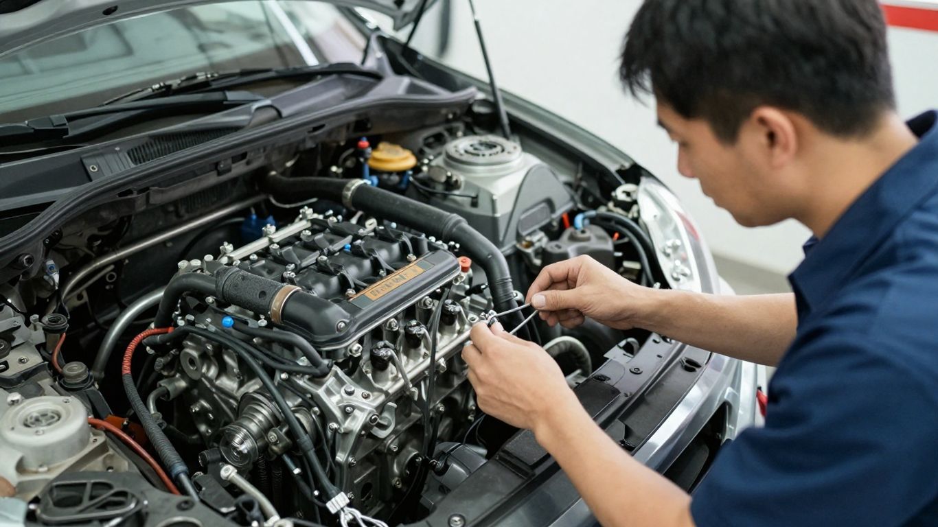Technician inspecting a rugged four wheel drive engine