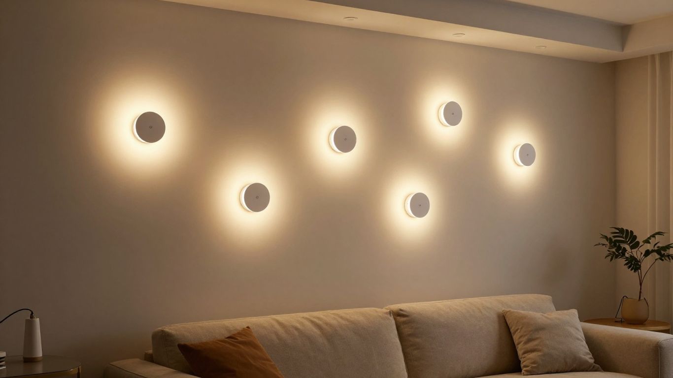 IKEA plug-in wall lights illuminating a modern living room.
