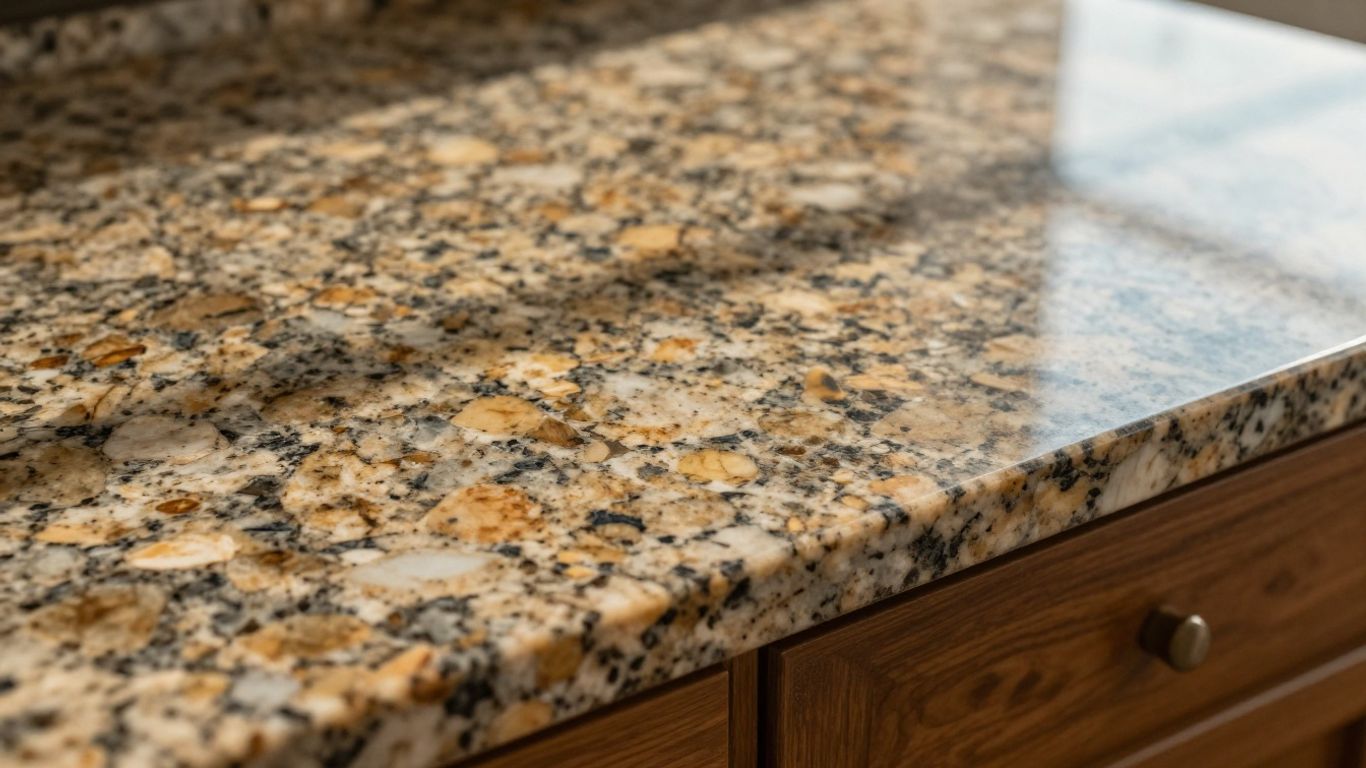 Polished granite countertop with natural patterns and sunlight glinting.