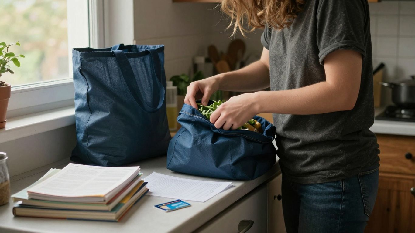 Student sorting groceries and study supplies