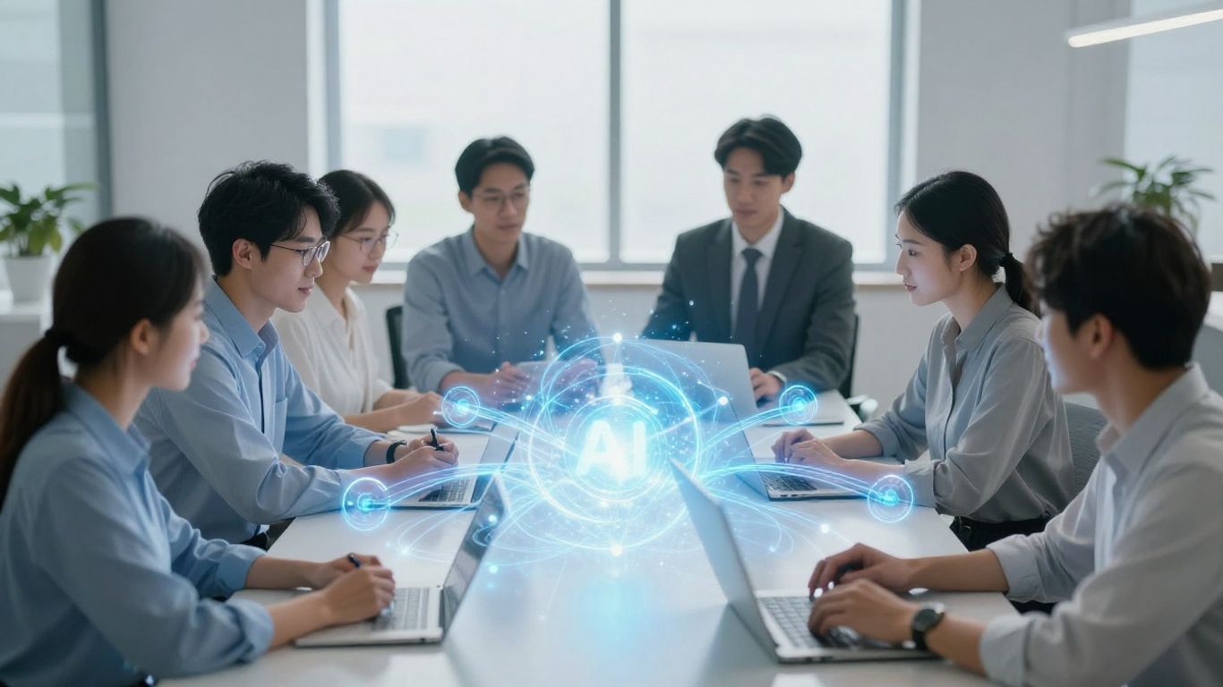 Team collaborating with AI for productivity