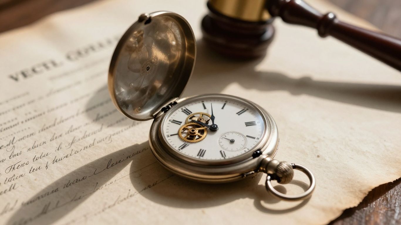 Pocket watch on legal document, symbolizing insurance claim time limits.