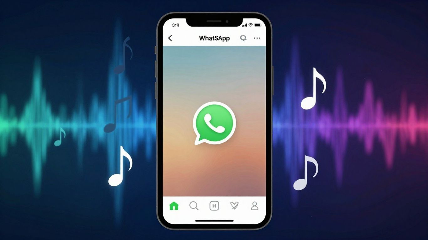 Celular com notas musicais flutuando no status do WhatsApp.
