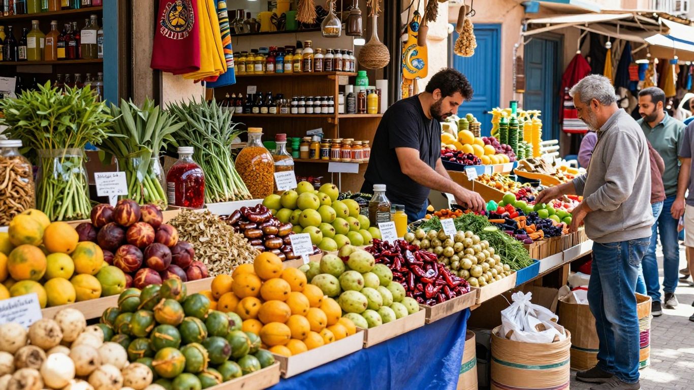 Marché marocain coloré avec des fruits frais et des remèdes naturels.