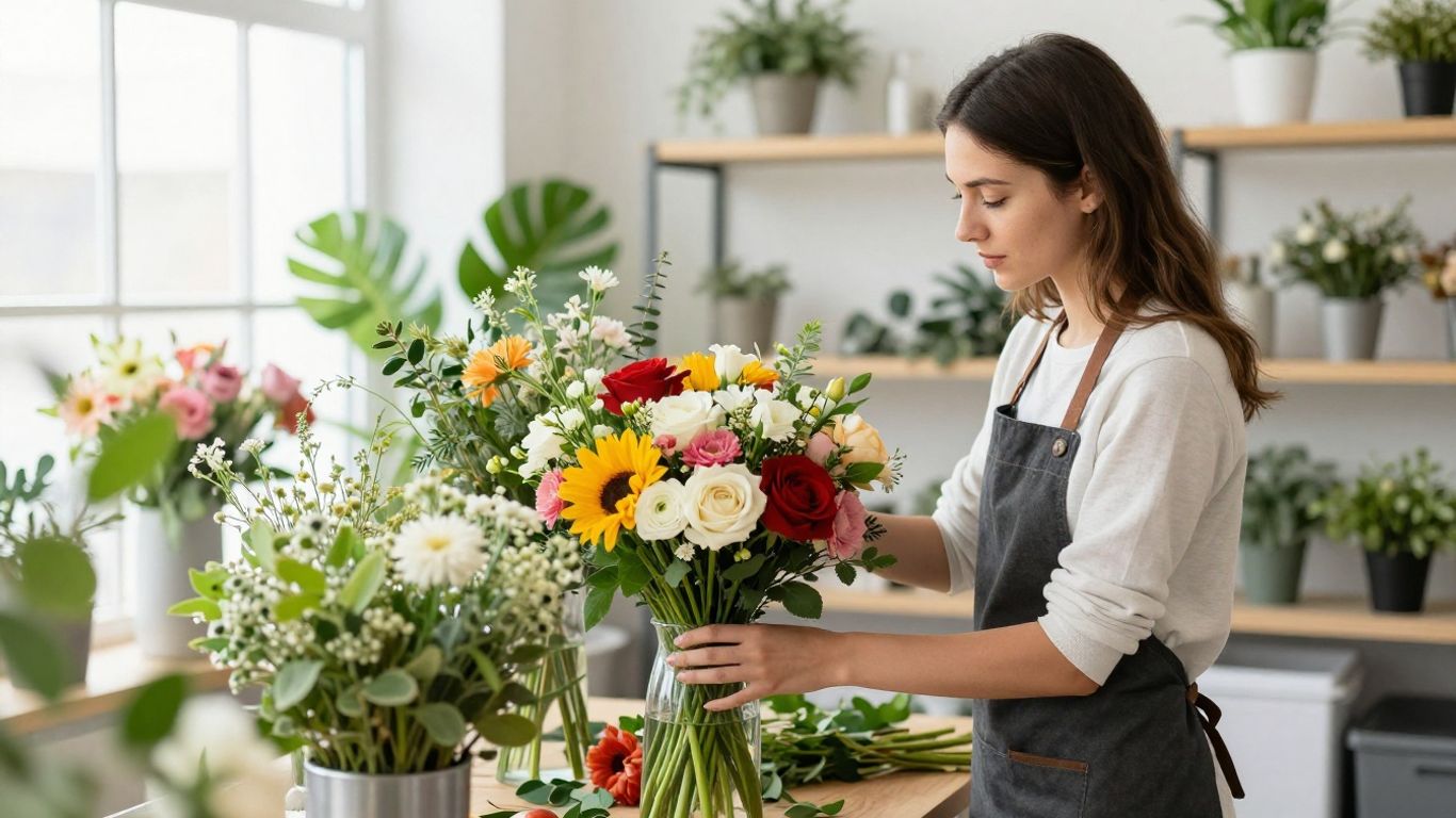Expert florist preparing a custom bouquet