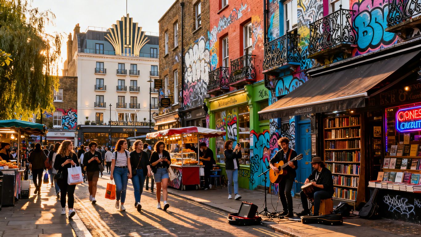 Hotels in vibrant Camden, London street scene.