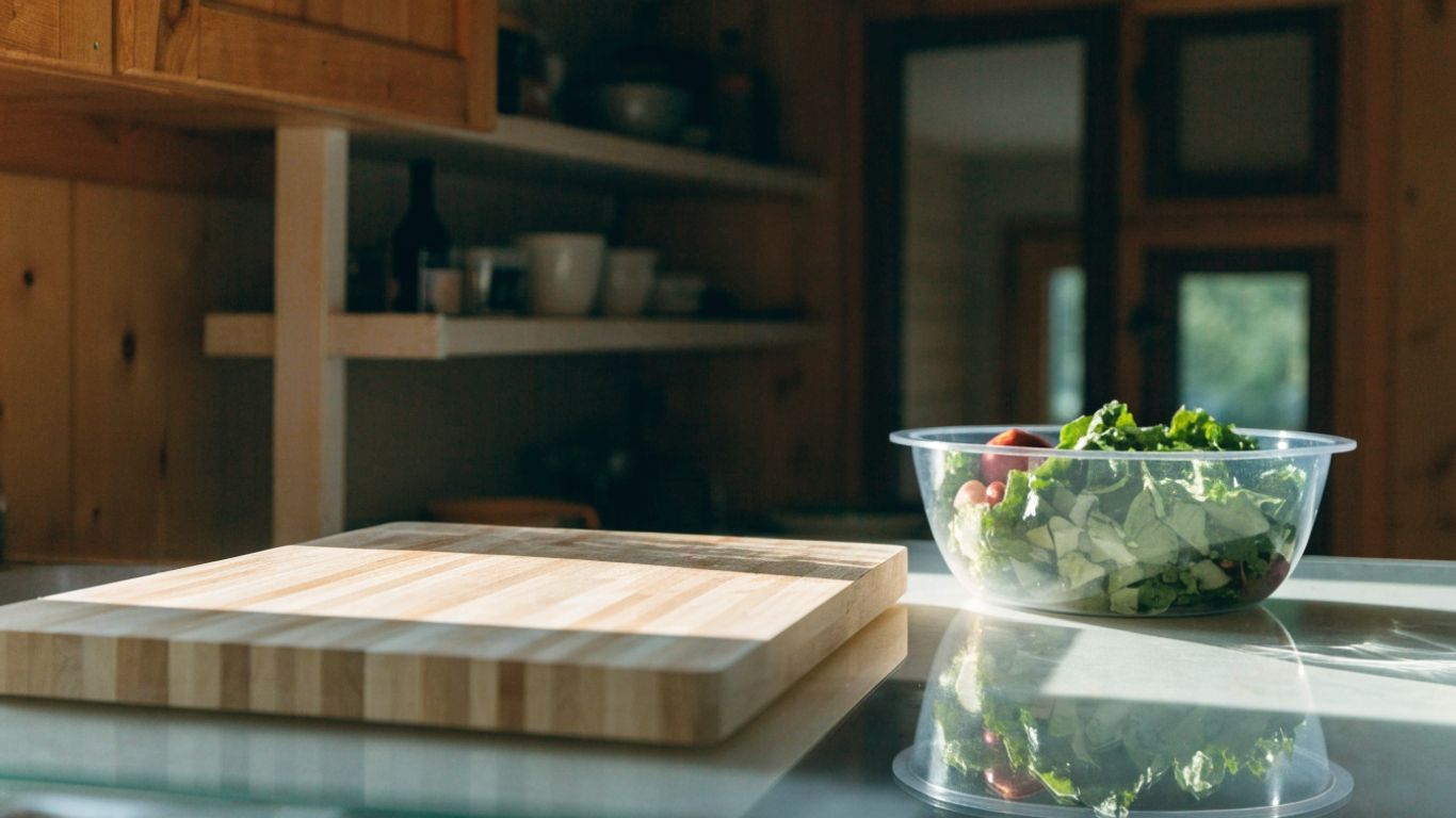 Maple cutting board beside a prepared cabin meal