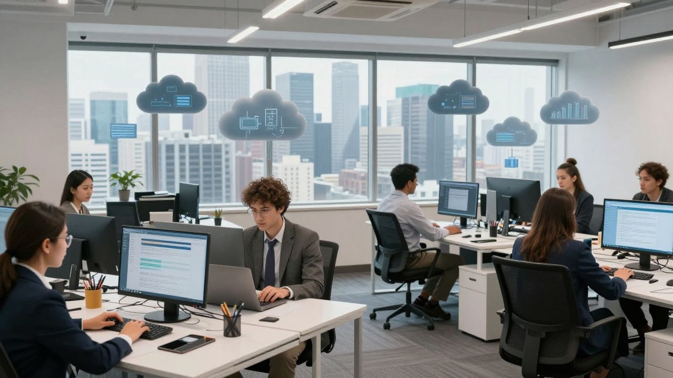Professionals using laptops under digital clouds in office
