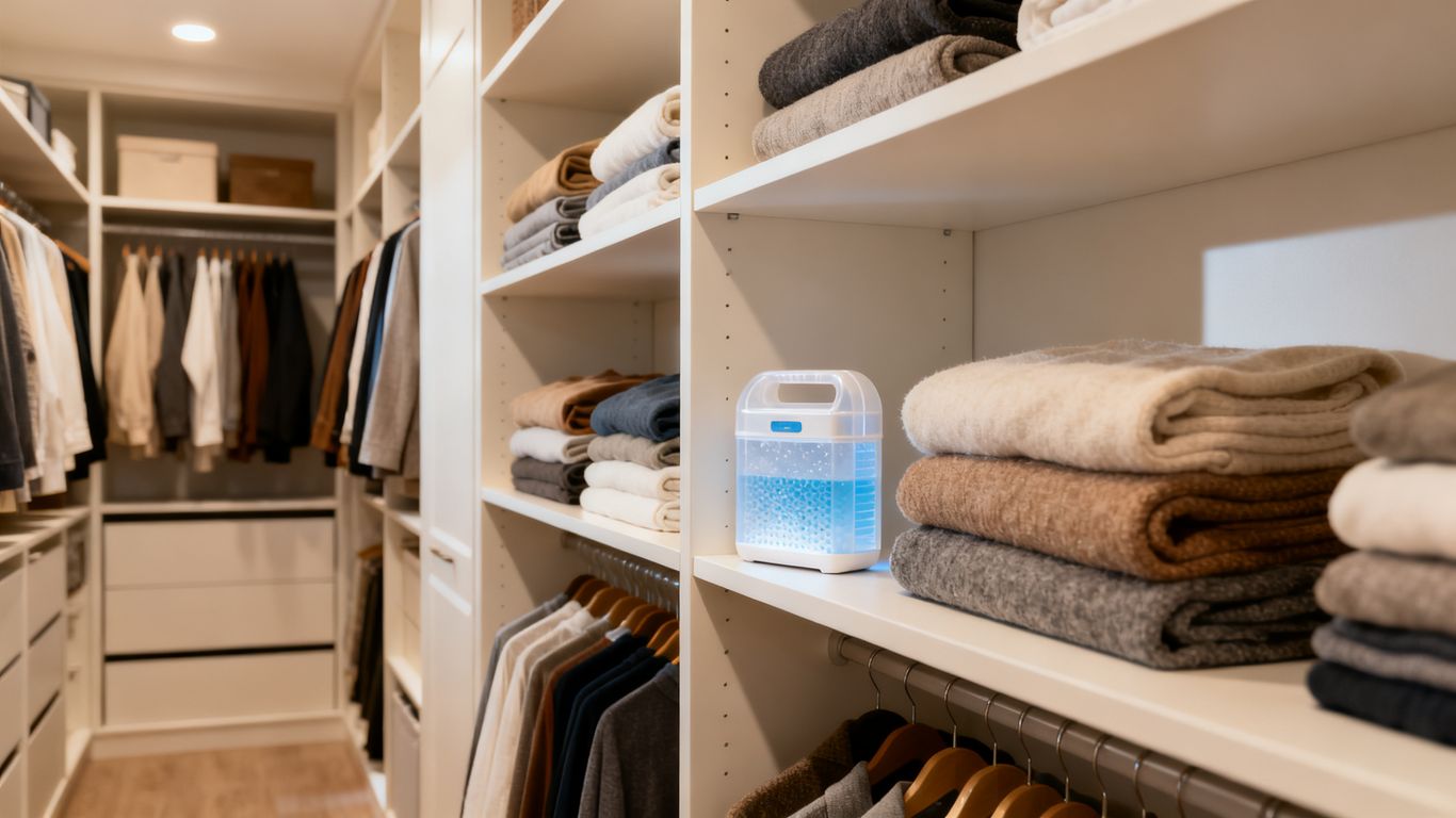 A closet interior with a moisture absorbing unit