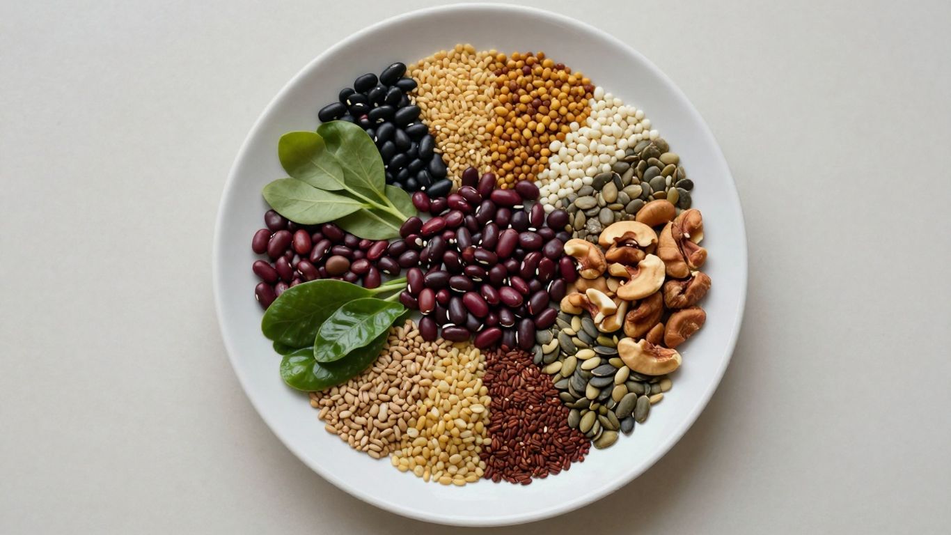 Colorful plant-based meal with legumes, grains, nuts, and seeds.