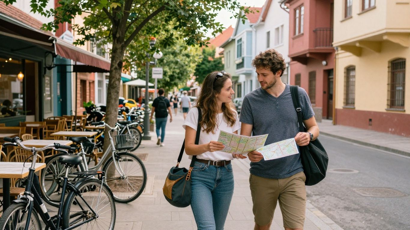 Couple walking through a lively local neighborhood