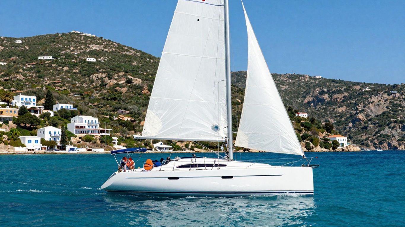 Sailboat sailing in clear blue water near Greek island.