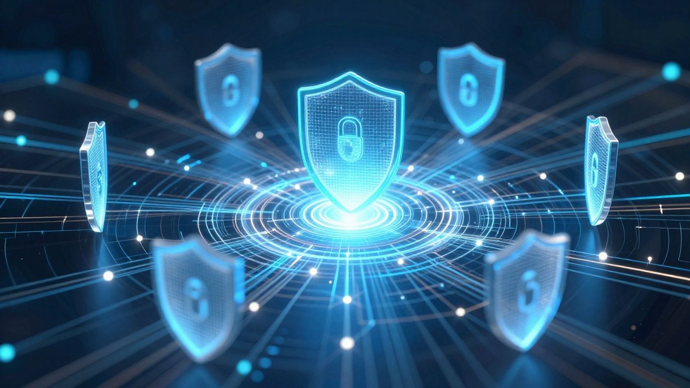 Digital network with security shields and data streams.