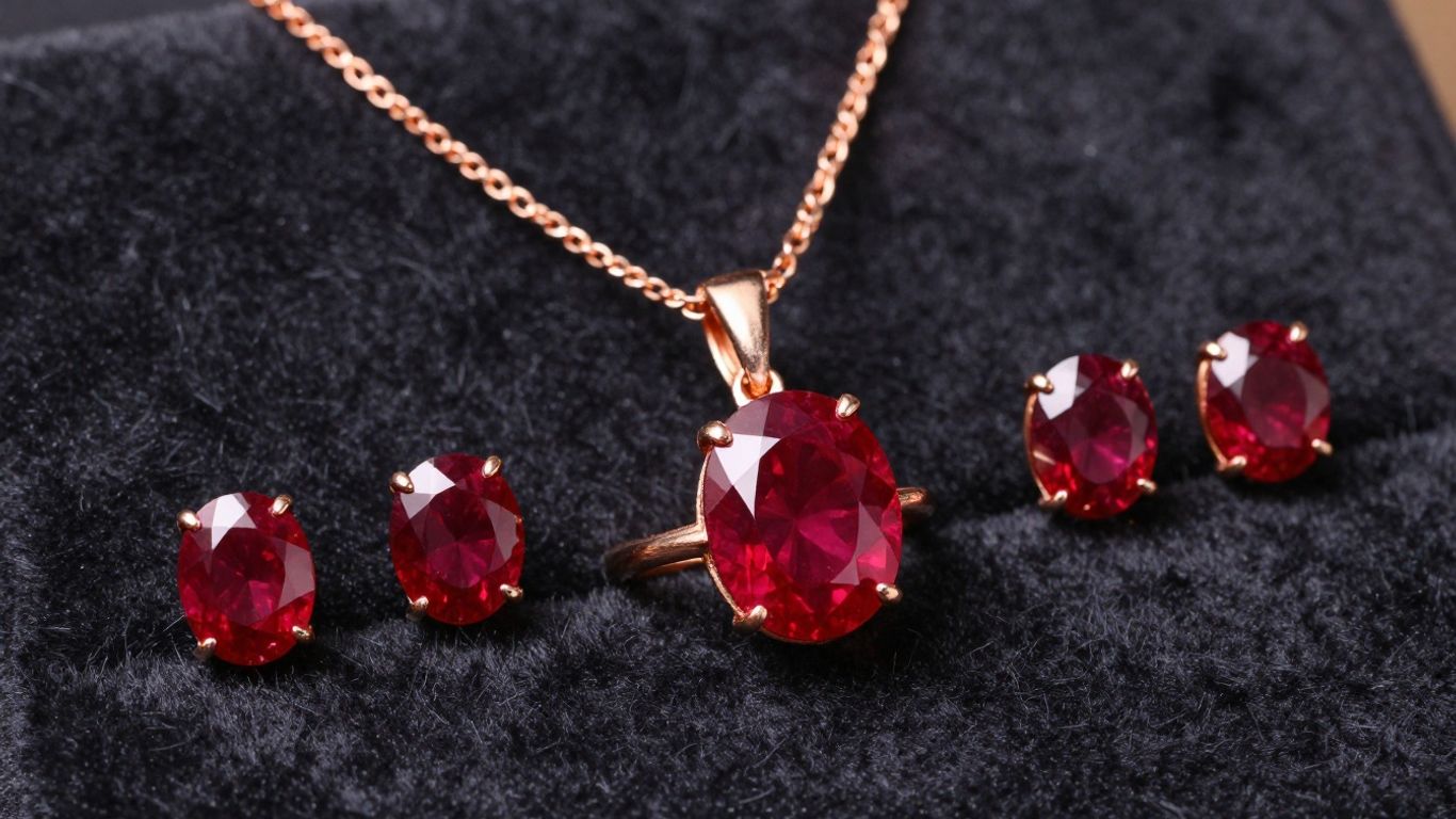 Collection of ruby rings, necklaces, and earrings.
