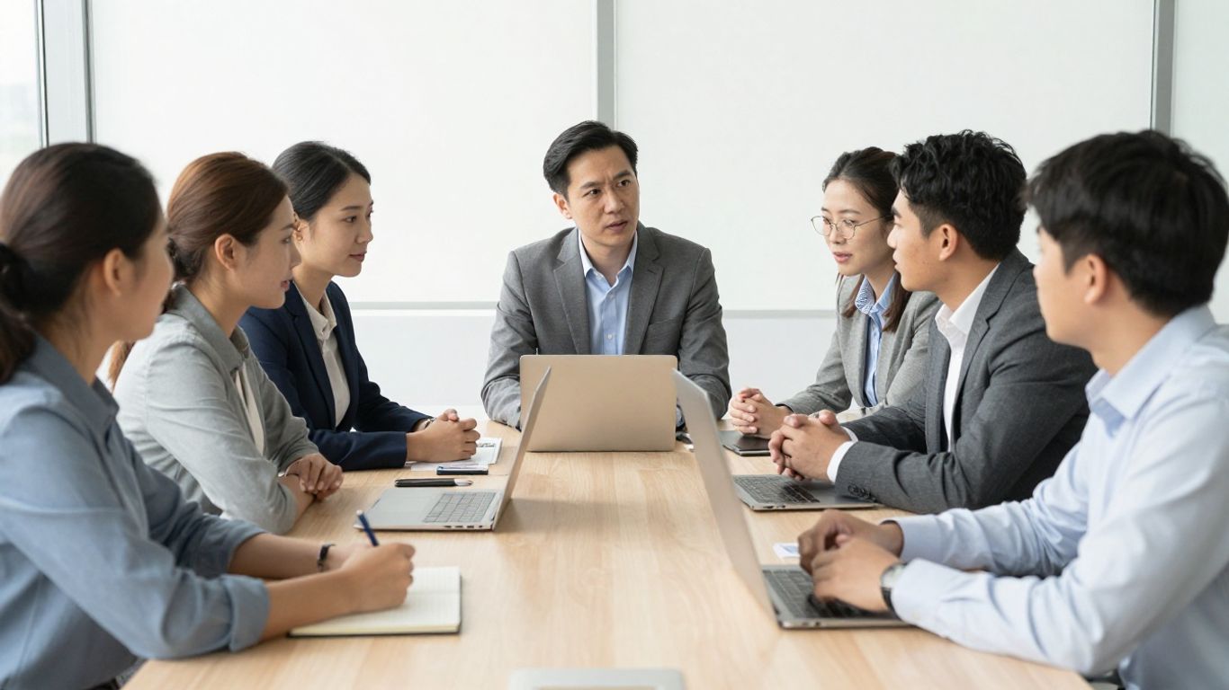 Professionals collaborating in a modern office with natural light.