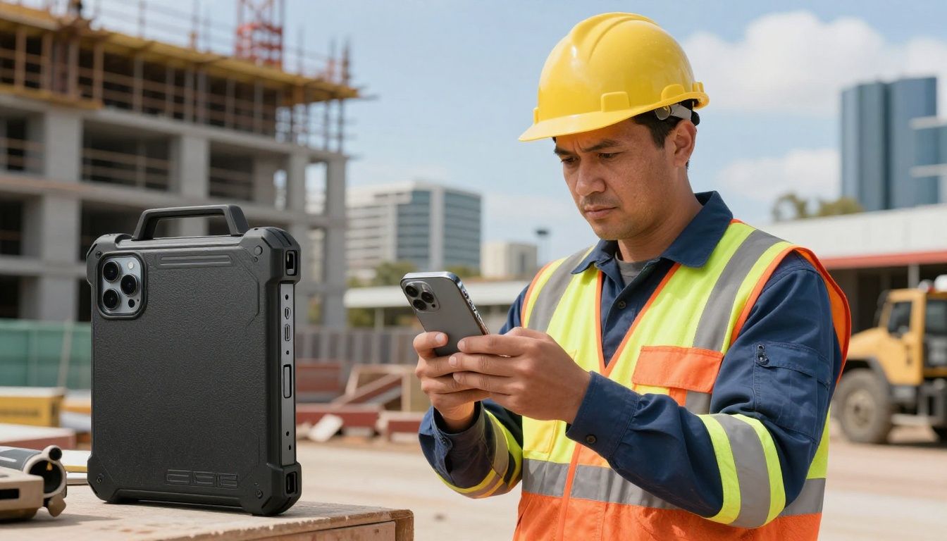 A tradie in high-vis workwear checking their iPhone 17 Pro Max in a rugged case on a construction site in Australia.