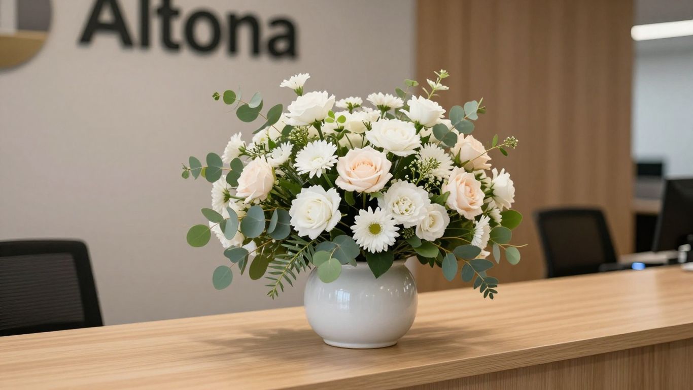 Modern corporate reception with fresh flowers